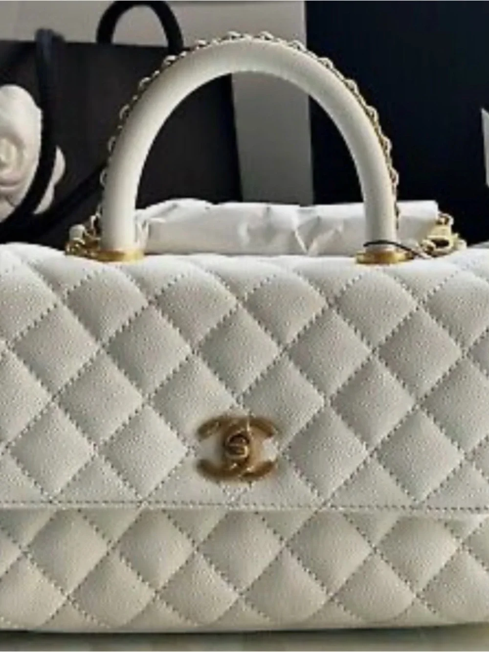 CHANEL White Quilted Mini Top-Handle Bag